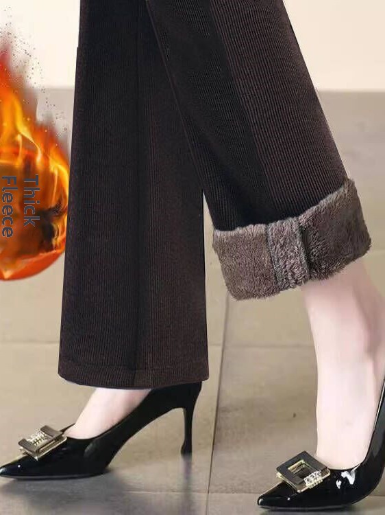 Corduroy Pant Warm - 厚みのあるフリース裏地付きハイウエストコーデュロイワイドレッグパンツ女性用暖かい秋冬新スタイルカジュアルストレートカットパンツ