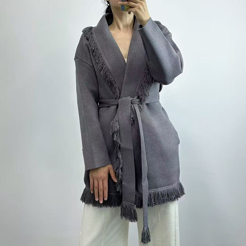 レディースフリンジロングウールニットカーディガン、レトロルー - Wool Coat Peacoat のレビューと価格