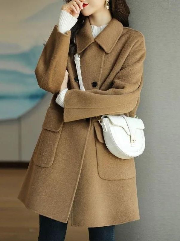 スタイリッシュなミドル丈ウールコート韓国風ハイウエストボタン - Wool Coat Peacoat のレビューと価格